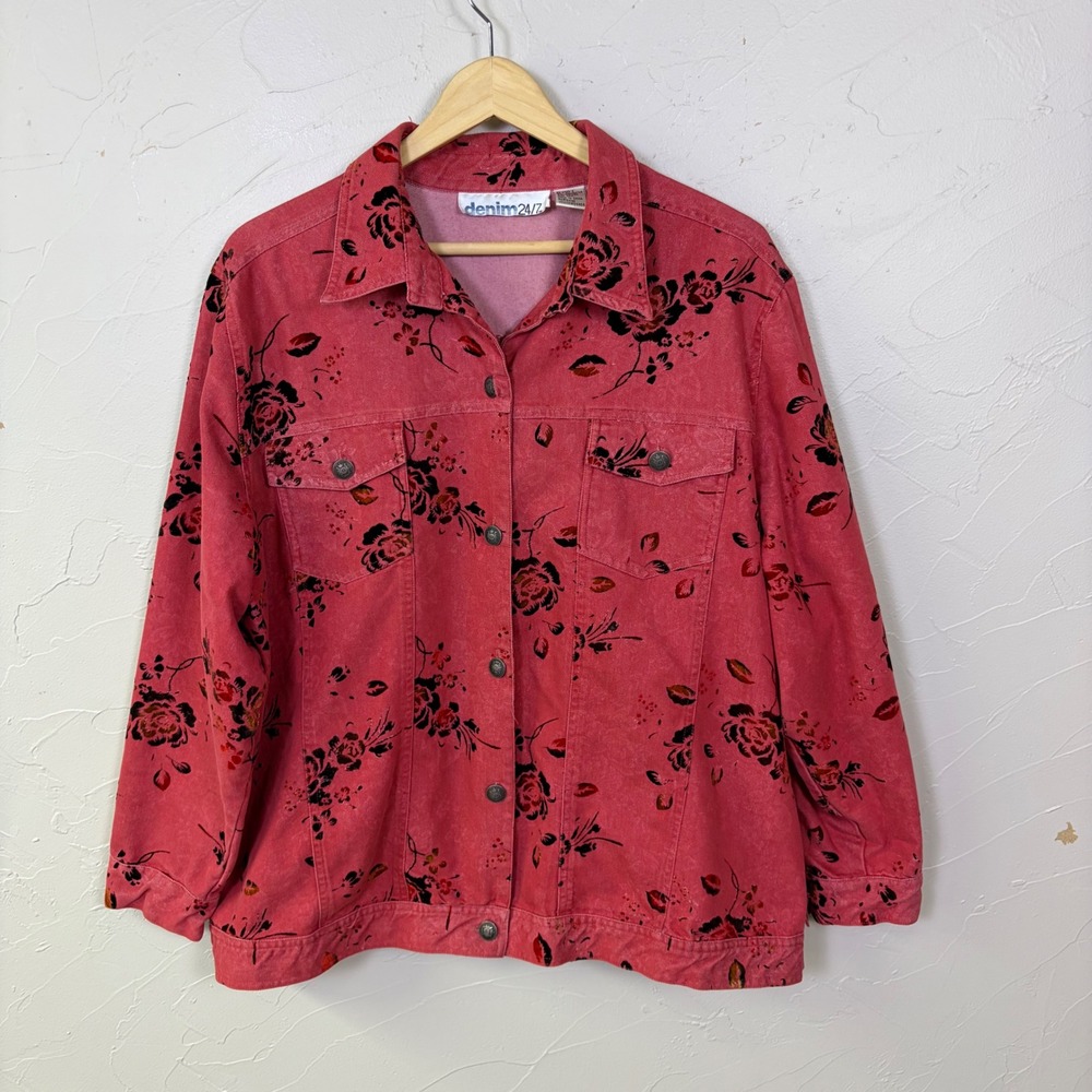 Floral Printed Jean Jacket Womens 22W Red Velvet Flocked Stretch Denim‎ Trucker